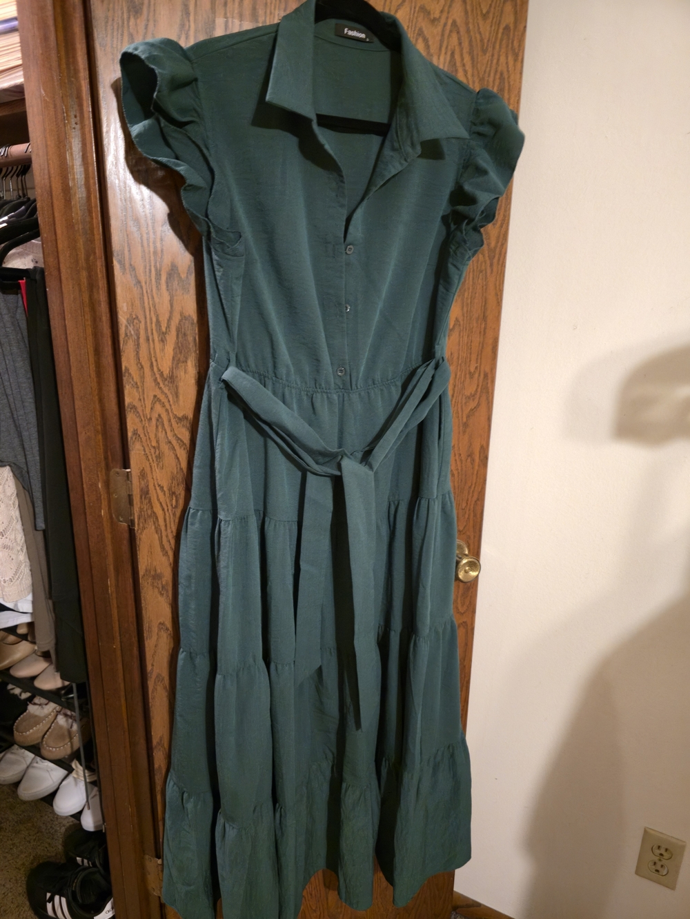 Button-Front Maxi Dress with Ruffle Cap Sleeves in Teal